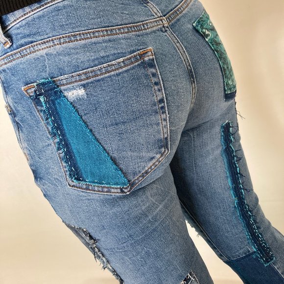 Custom Distressed Boro Sashiko Acid Faded Blue Jeans - Picture 12 of 17